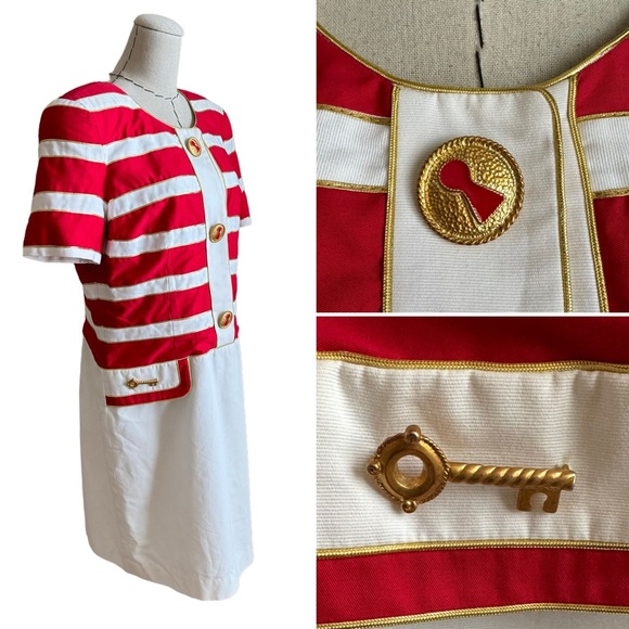 Vintage 80s Junnie Leigh Key Keyhole Red Gold Stripe Dress Novelty sz Large - Picture 1 of 13